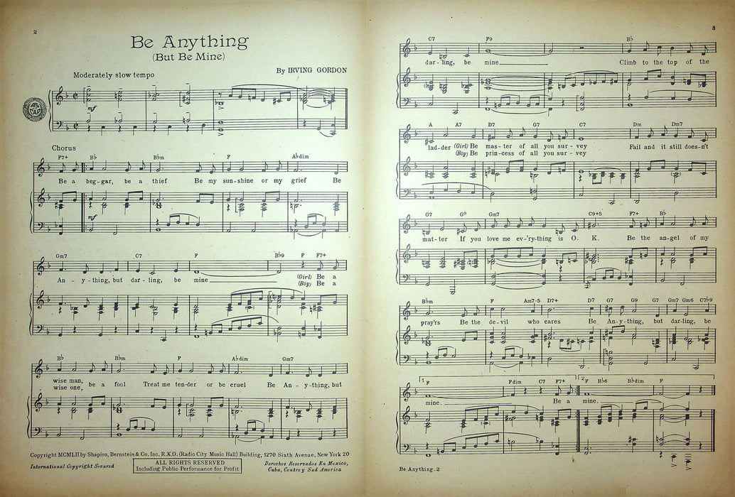 Sheet Music Be Anything But Be Mine Eddy Howard Irving Gordon 1952 Pop Song 2
