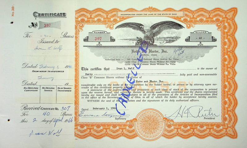Reiter Dairy Company Stock Certificate Bond Scripophilly Akron Ohio 1966 No 307