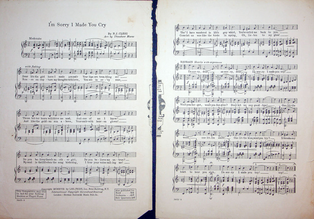 Sheet Music I'm Sorry I Made You Cry June Elvidoe John Bowers N J Clesi 1918 2