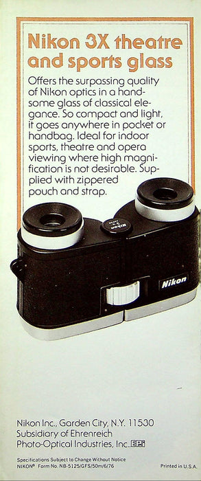 1976 Nikon 3x Theatre & Sports Binoculars Brochure Ultra-Compact