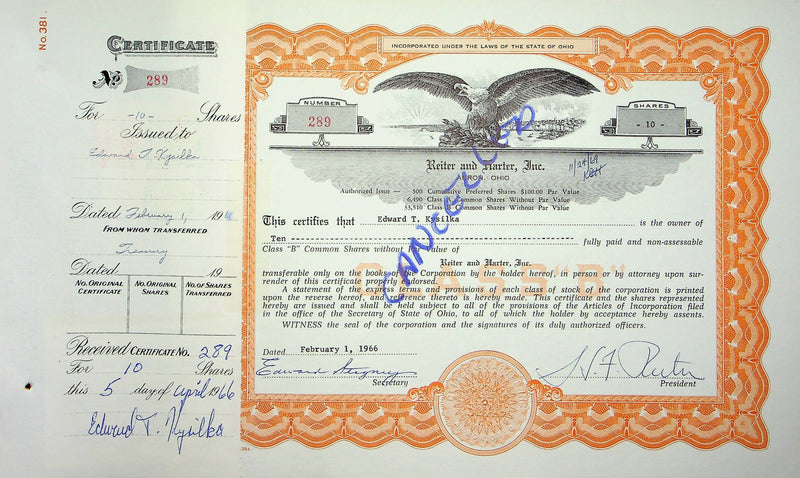 Reiter Dairy Company Stock Certificate Bond Scripophilly Akron Ohio 1966 No 289