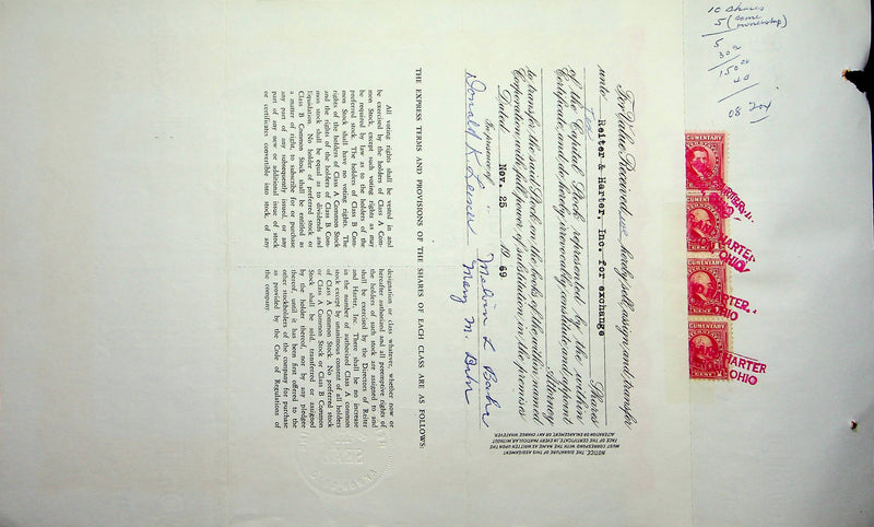 Reiter Dairy Company Stock Certificate Bond Scripophilly Akron Ohio 1965 No 274