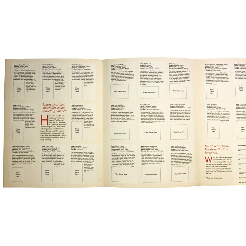 USPS United States Post Office 1995 Treasury of Stamp Cards Sheet Public. 192 4