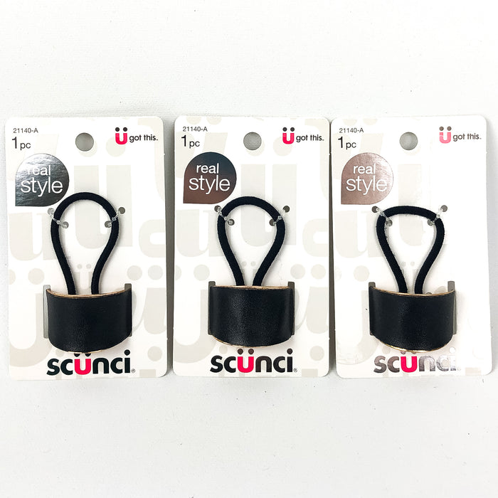 3-PK Scunci Ponytail Holder Faux Leather Dome Plastic Black & Gold Style 21140-A