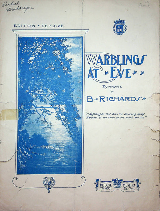 Warblings At Eve Romance Vintage Sheet Music B Richards Piano 1