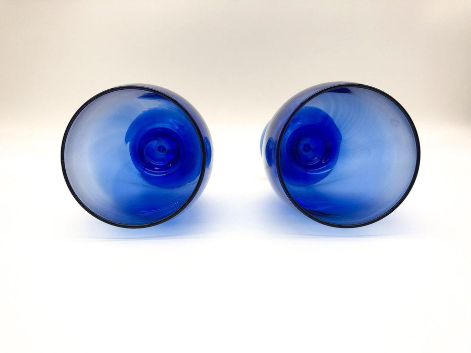 Pair of Vintage Blue Wine Glasses Crystal Teardrop Mediterranean Hand Blown 7" 10