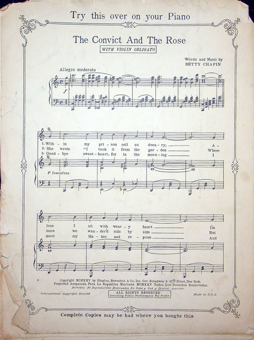 Sheet Music The Prisoners Song Guy Massey 1924 Piano Ballad Shapiro Bernstein 3