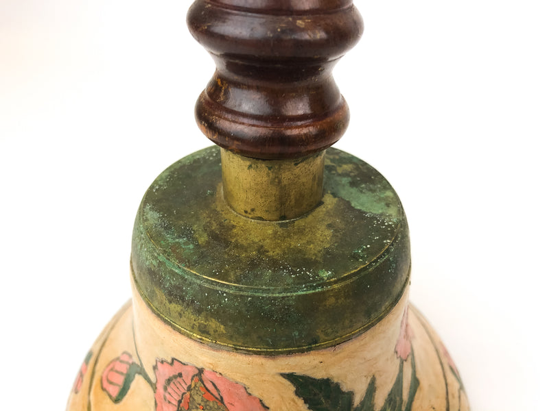 Vintage Bronze Bell Enamel Floral Design & Wooden Handle LARGE 5-3/4" x 10"