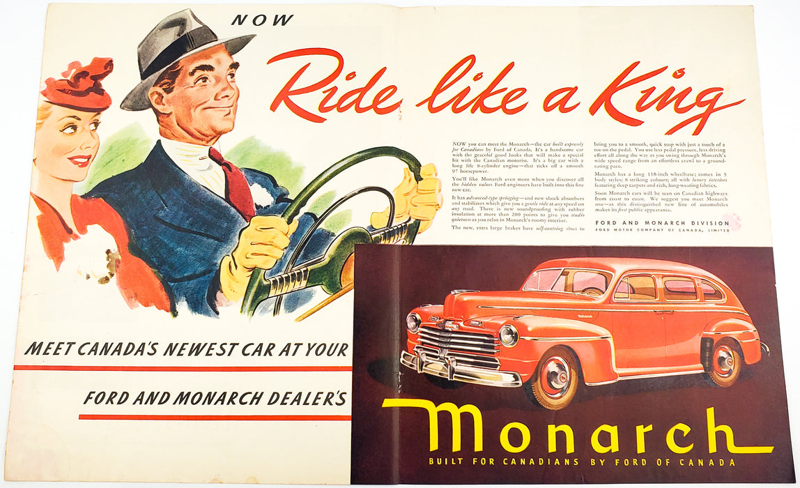 1946 Ford Monarch Canadian Print Ad Bi-Fold Ride Like A King 21"x13"