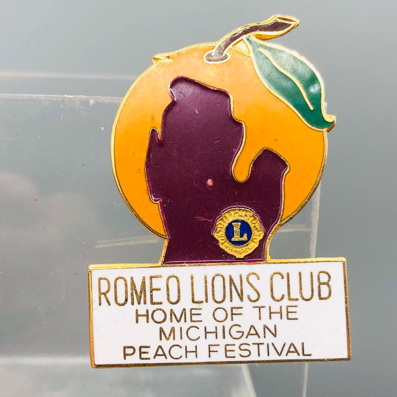 Vintage Romeo Lions Club Lapel Pin Pinback Michigan Peach Festival State Outline