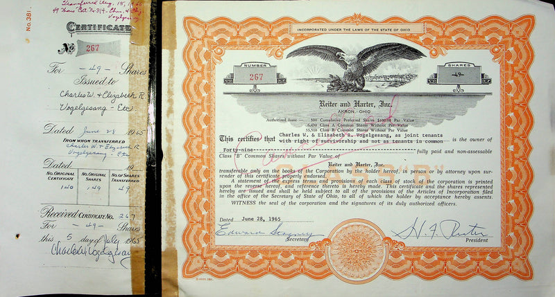 Reiter Dairy Company Stock Certificate Bond Scripophilly Akron Ohio 1965 No 267