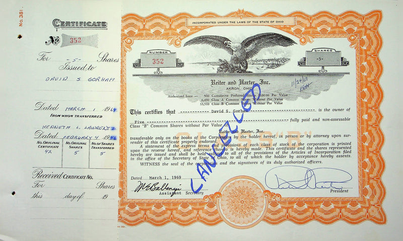 Reiter Dairy Company Stock Certificate Bond Scripophilly Akron Ohio 1969 No 352