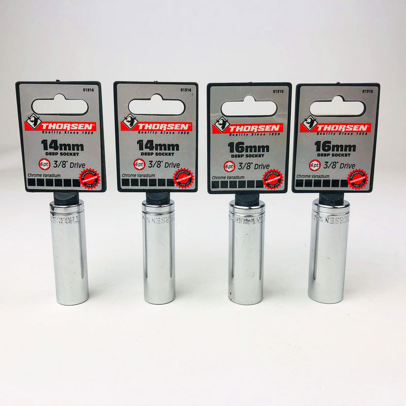 4ct 14mm 16mm Deep Socket 3/8 Drive 6 Point Metric Chrome Vanadium Thorsen New