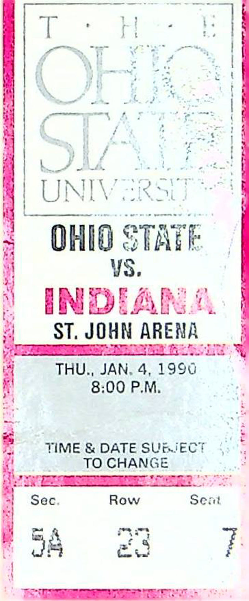 OSU Buckeye Mens Basketball Game Ticket Stub Jan 1990 Vs. Indiana Hoosiers