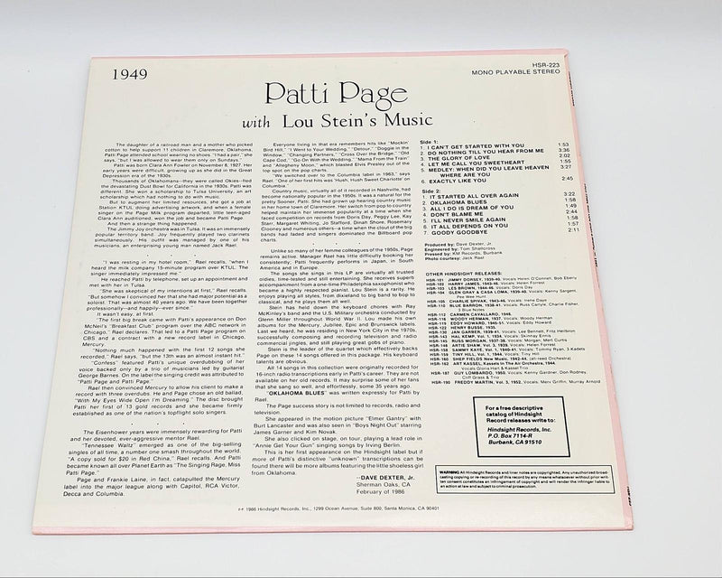 Patti Page The Uncollected LP Record Hindsight Records 1986 HSR-223 2