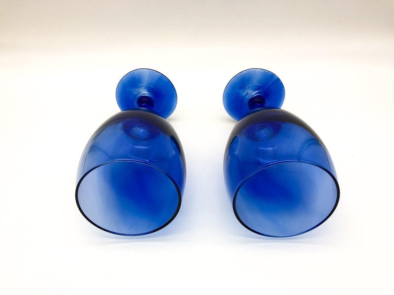 Pair of Vintage Blue Wine Glasses Crystal Teardrop Mediterranean Hand Blown 7" 9