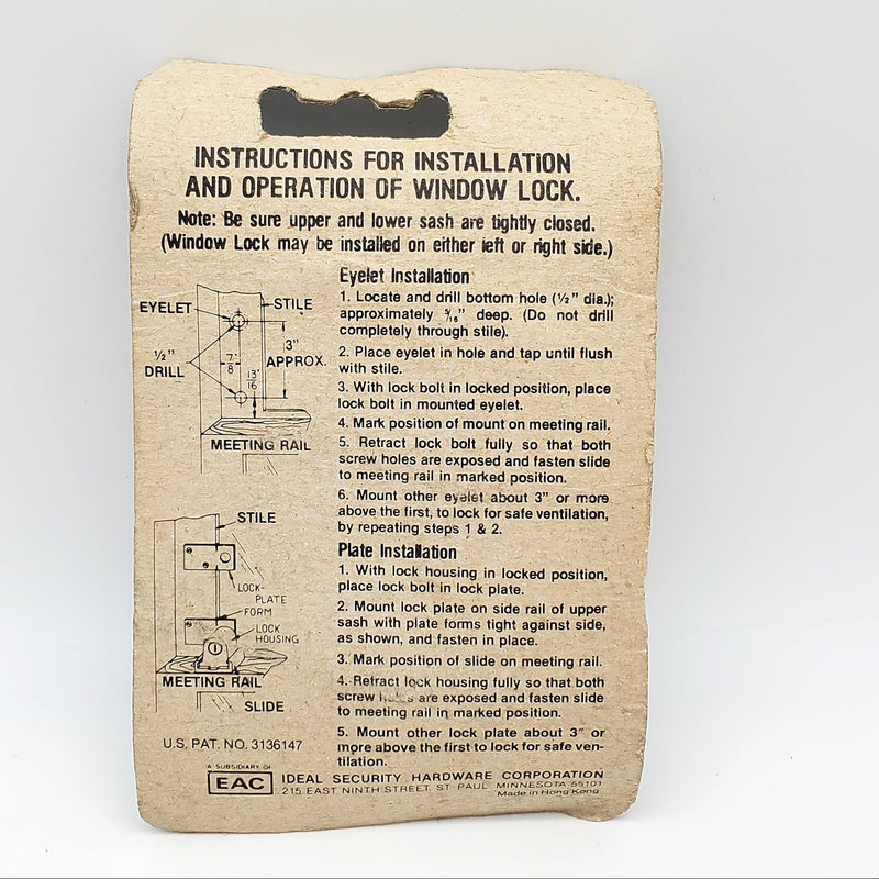 Window Lock Keyed Brass Plated Dual Install w/ Hardware Ideal Security SK150 NOS