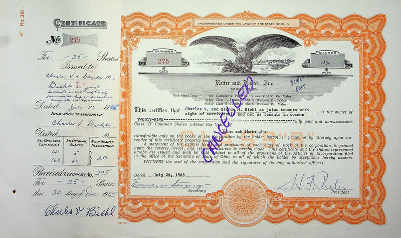 Reiter Dairy Company Stock Certificate Bond Scripophilly Akron Ohio 1965 No 275