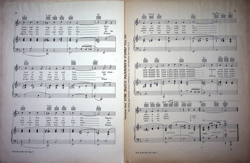 Vintage Sheet Music God Bless My Darling He's Somewhere 1943 Bill Nettles WW2 4