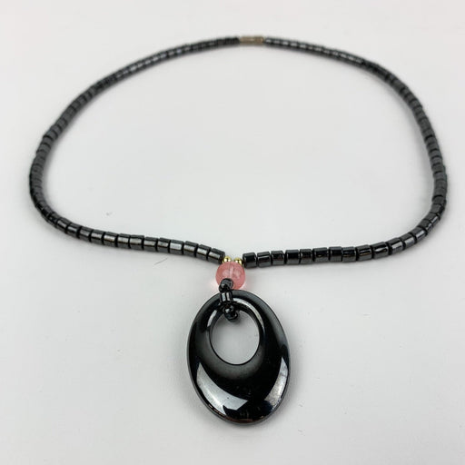 Beaded Pendant Necklace Hematite Barrell Bead with Pink Accent Oval 10.5" Ground 2