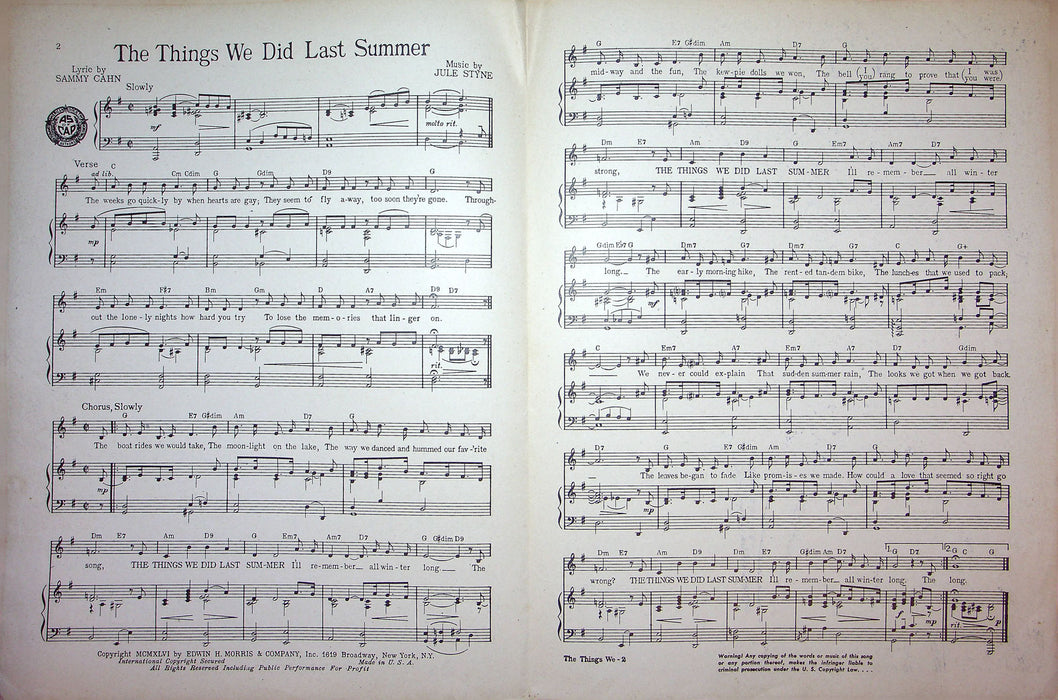 Sheet Music The Things We Did Last Summer Bing Crosby 1946 Sammy Cahn Jule Styne 2