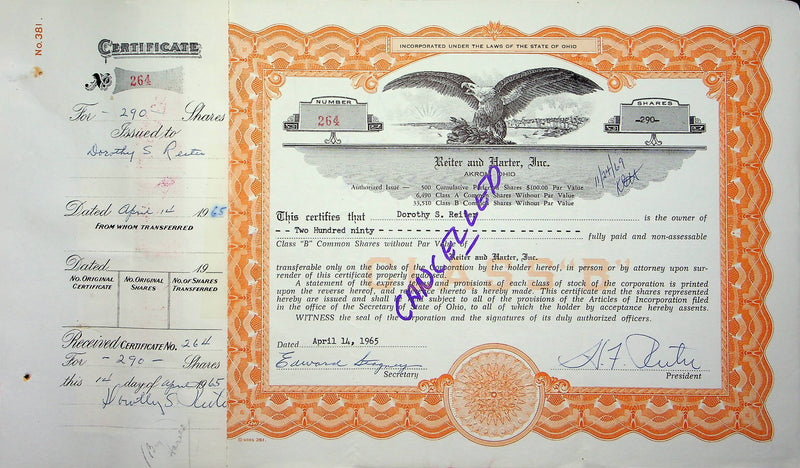 Reiter Dairy Company Stock Certificate Bond Scripophilly Akron Ohio 1965 No 264