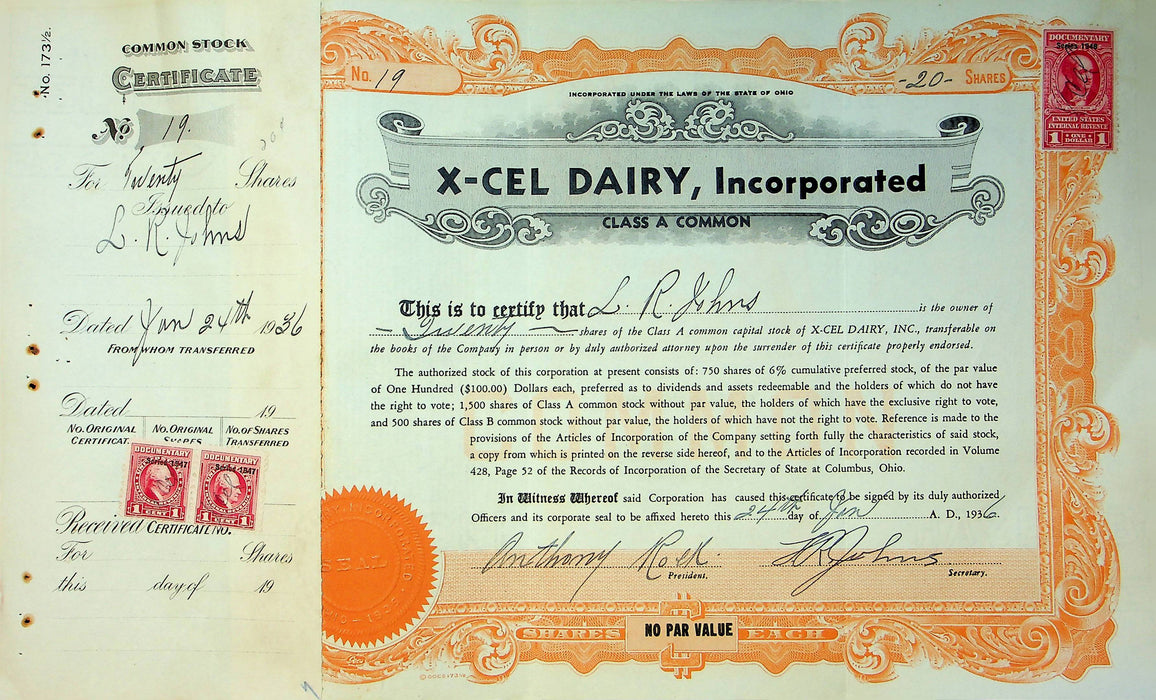 X-Cel Dairy Company Stock Certificate Bond Scripophilly Akron Ohio 1936 No 19