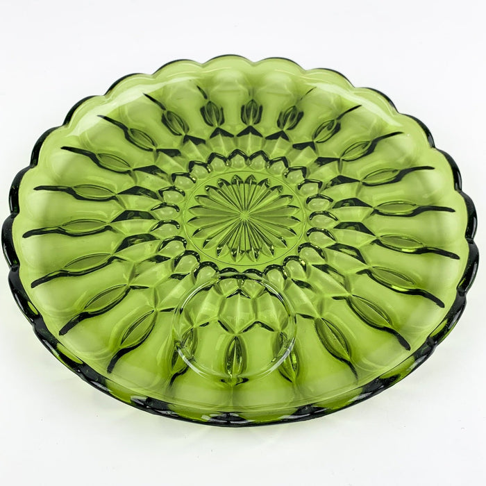 Vintage Green Pressed Glass Chip Dip Round Serving Tray 10" Inch 3