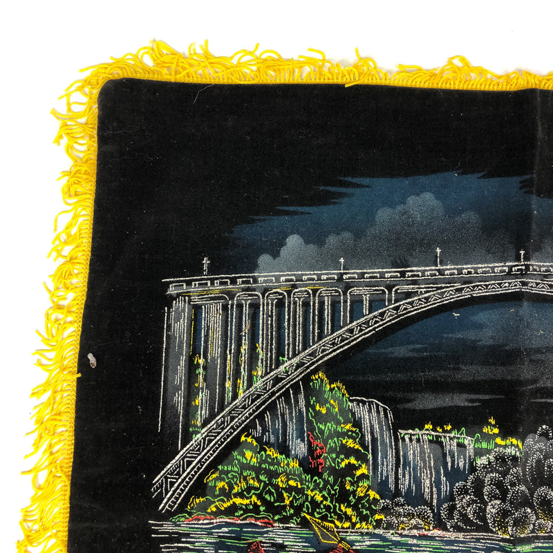 Vintage Niagara Falls Pillow Cover Velvet Souvenir Fringed Cloth Ontario Canada