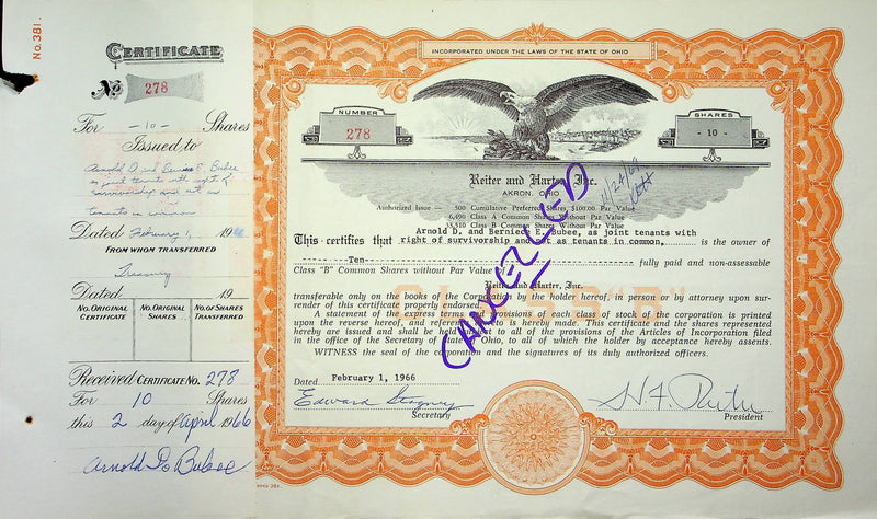Reiter Dairy Company Stock Certificate Bond Scripophilly Akron Ohio 1966 No 278