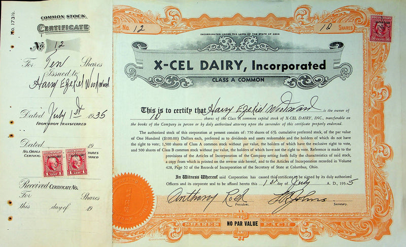 X-Cel Dairy Company Stock Certificate Bond Scripophilly Akron Ohio 1935 No 12