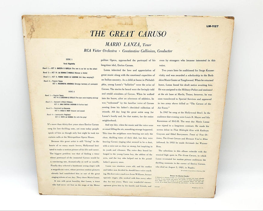 Mario Lanza The Great Caruso 33 RPM LP Record RCA 1958 LM-1127 2