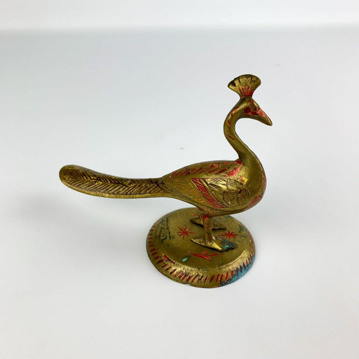Vintage Brass Peacock Bird With Red Incised Details Long Tail Signed India 4" 3
