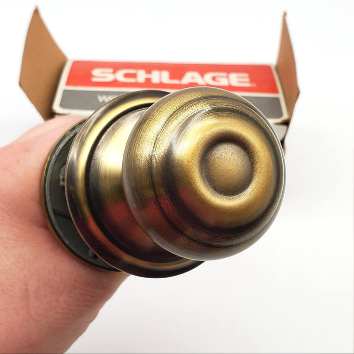 Schlage Door Knob Bright & Antique Brass Passage Latch GEO F10N NOS 1