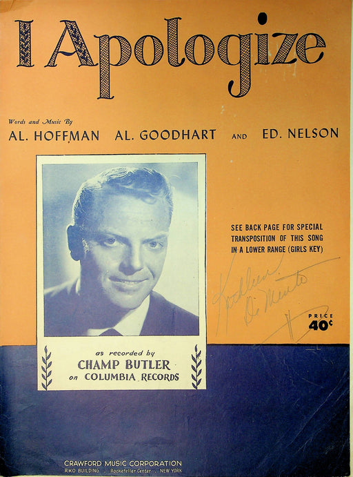 Champ Butler Sheet Music I Apologize Hoffman Goodhart Nelson 1931 Lost Love Song 1