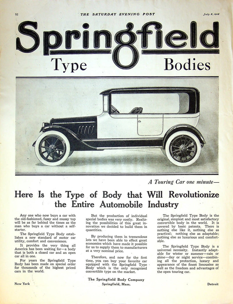 1918 Springfield Body Company Print Ad Massachusetts 14"x11" 1