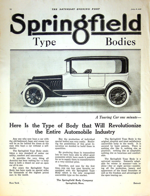 1918 Springfield Body Company Print Ad Massachusetts 14"x11" 1