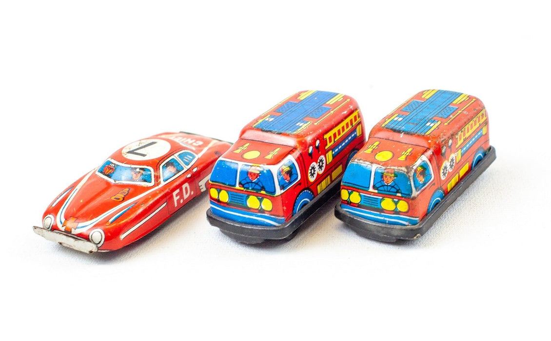 Vintage Tin Windup Cars - Fire Truck & Fire Chief | Lot of 3 2