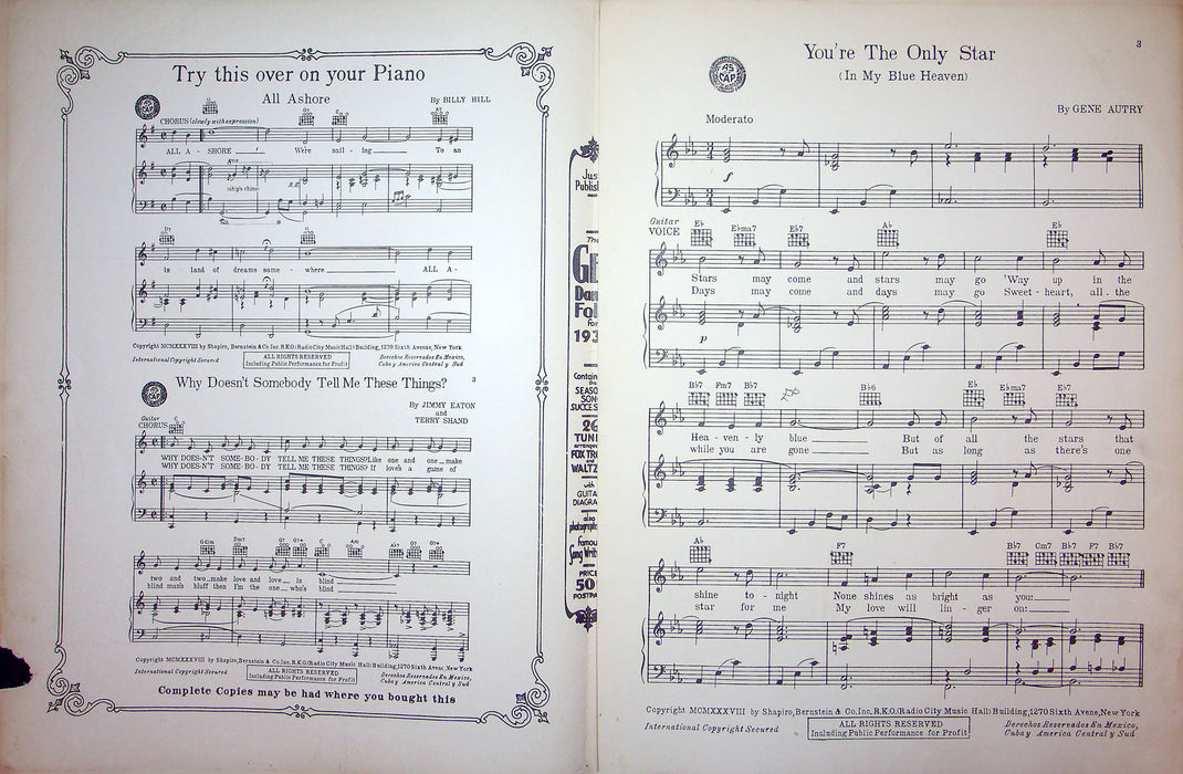 Sheet Music You're The Only Star In My Blue Heaven Gene Autry Enoch Light 1938 2