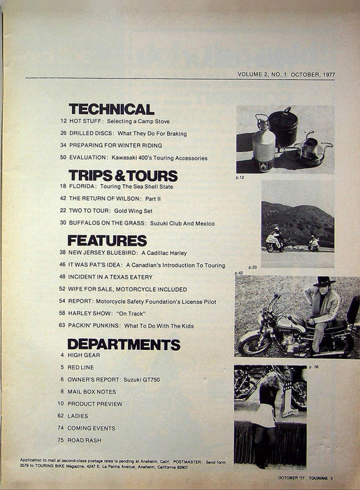 Touring Bike Magazine October 1977 Vol 2 #1 Kawasaki 400 Accessories Suzuki Club