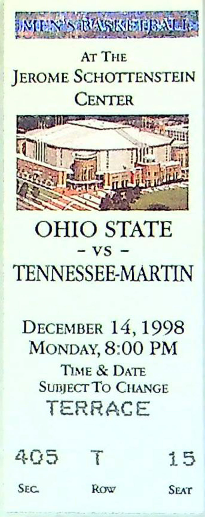 OSU Buckeye Basketball Game Ticket Stub Dec 1998 Vs. Tennessee Martin Skyhawk