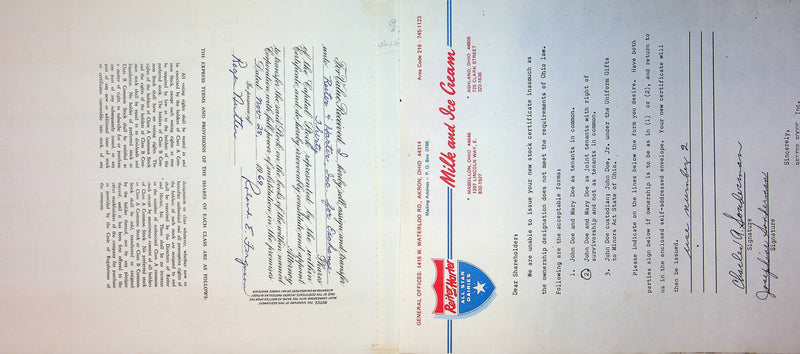 Reiter Dairy Company Stock Certificate Bond Scripophilly Akron Ohio 1965 No 225