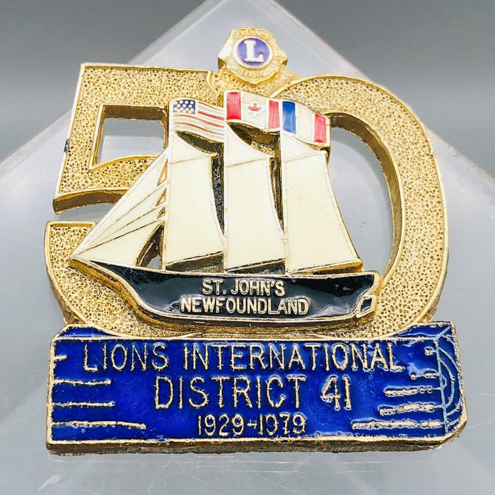 Vintage Lions Club Lapel Pin Pinback St Johns Newfoundland 50th Anniversary Boat