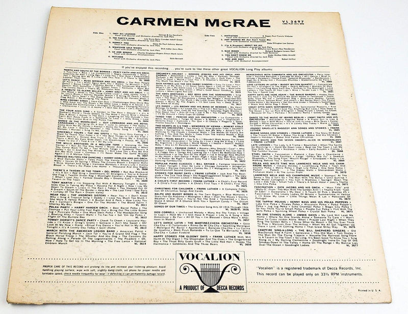 Carmen McRae 33 RPM LP Record Vocalion 1963 Compilation 1955-1958 2