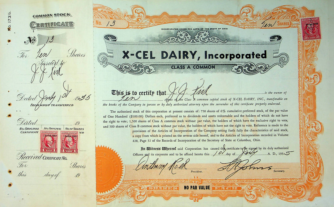 X-Cel Dairy Company Stock Certificate Bond Scripophilly Akron Ohio 1935 No 13