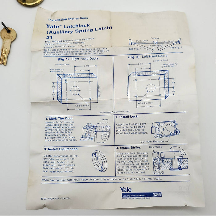 Yale Rim Door Lock Spring Latch No 21 Inward Swing 1 & 1-1/2" Doors 2 Keys NOS