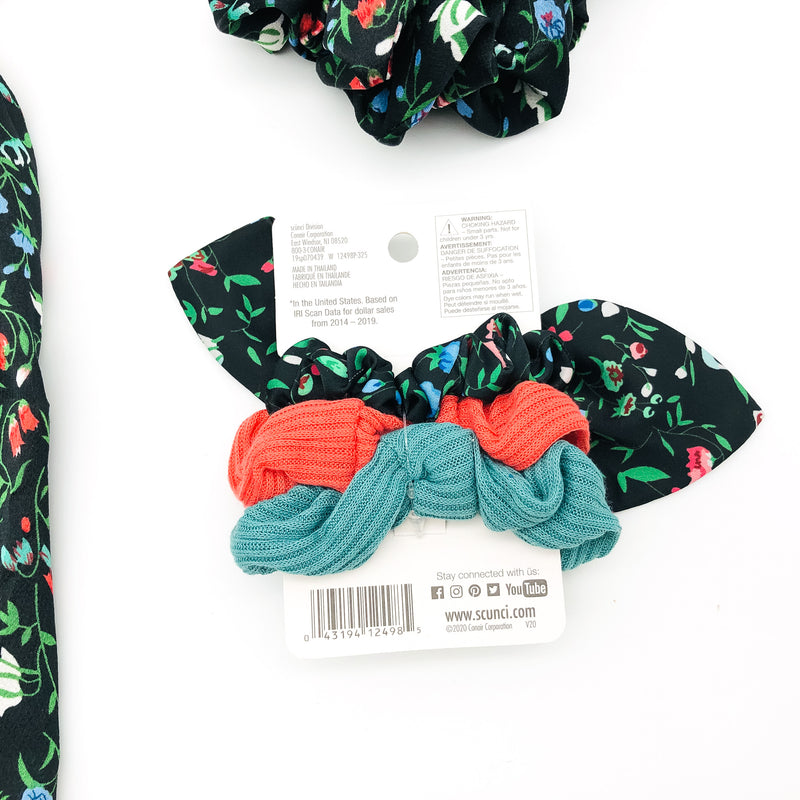 5-Piece Scunci Scrunchies Scarves Hair Ties Black Floral Flower Summer Wear