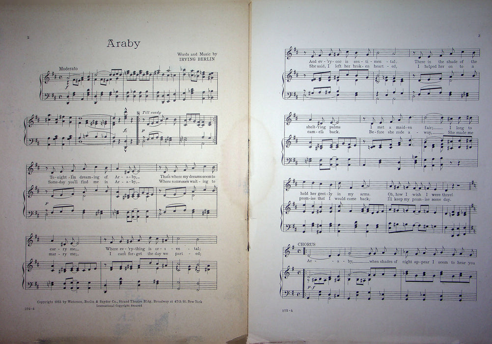 Sheet Music Araby Vocal Irving Berlin Renie Davies 1915 Abarbelle WW1 Song 2