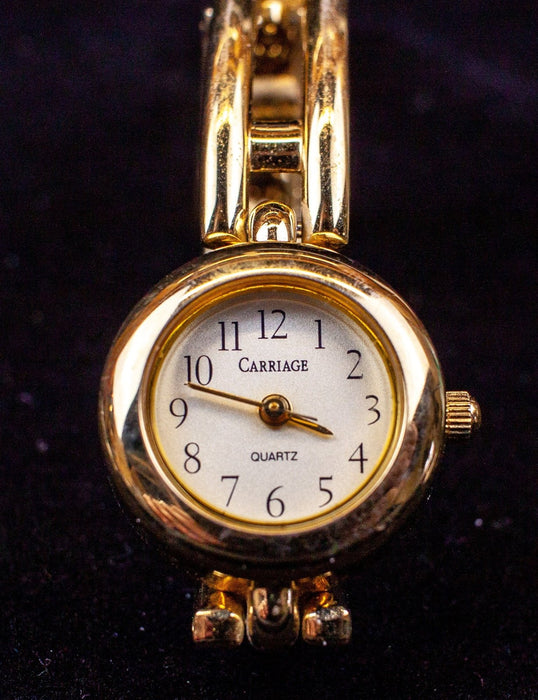 Carriage Round Gold Tone Double Bar Link Band Clasp Wrist Watch R2L 2