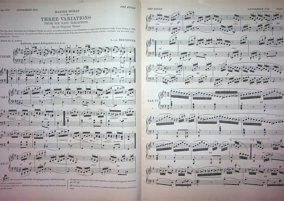 Three Variations Six Easy Variations Sheet Music Piano Song Beethoven 1934 Etude 3